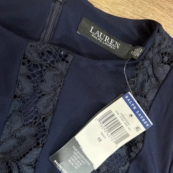 Lauren RALPH LAUREN Womens 10 Navy Lace DRESS Tie & Zip LONG SLEEVE Formal $185 - Picture 2 of 9